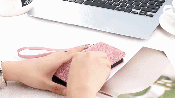 Floral Embossed Wallet Phone Case with Card Slots, Zipper Pocket & Stand