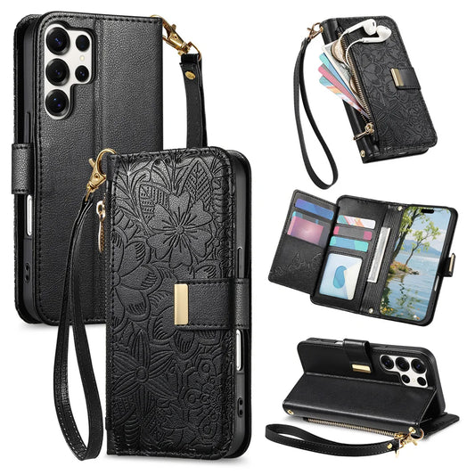 Floral Embossed Wallet Phone Case with Card Slots, Zipper Pocket & Stand
